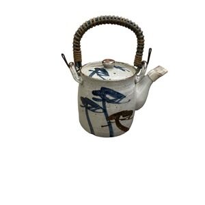 Vintage Ceramic Teapot Rattan Handle Japanese Inspired Blue Brown Design